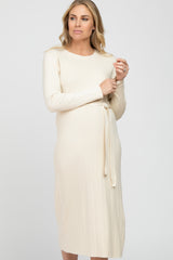 Cream Ribbed Knit Waist Tie Side Slit Maternity Dress