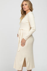 Cream Ribbed Knit Waist Tie Side Slit Maternity Dress