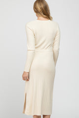 Cream Ribbed Knit Waist Tie Side Slit Maternity Dress