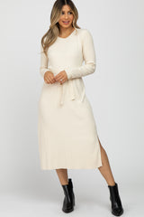 Cream Ribbed Knit Waist Tie Side Slit Maternity Dress