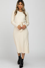 Cream Ribbed Knit Waist Tie Side Slit Dress