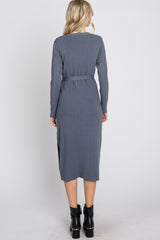 Periwinkle Ribbed Knit Waist Tie Side Slit Dress