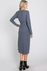 Periwinkle Ribbed Knit Waist Tie Side Slit Dress