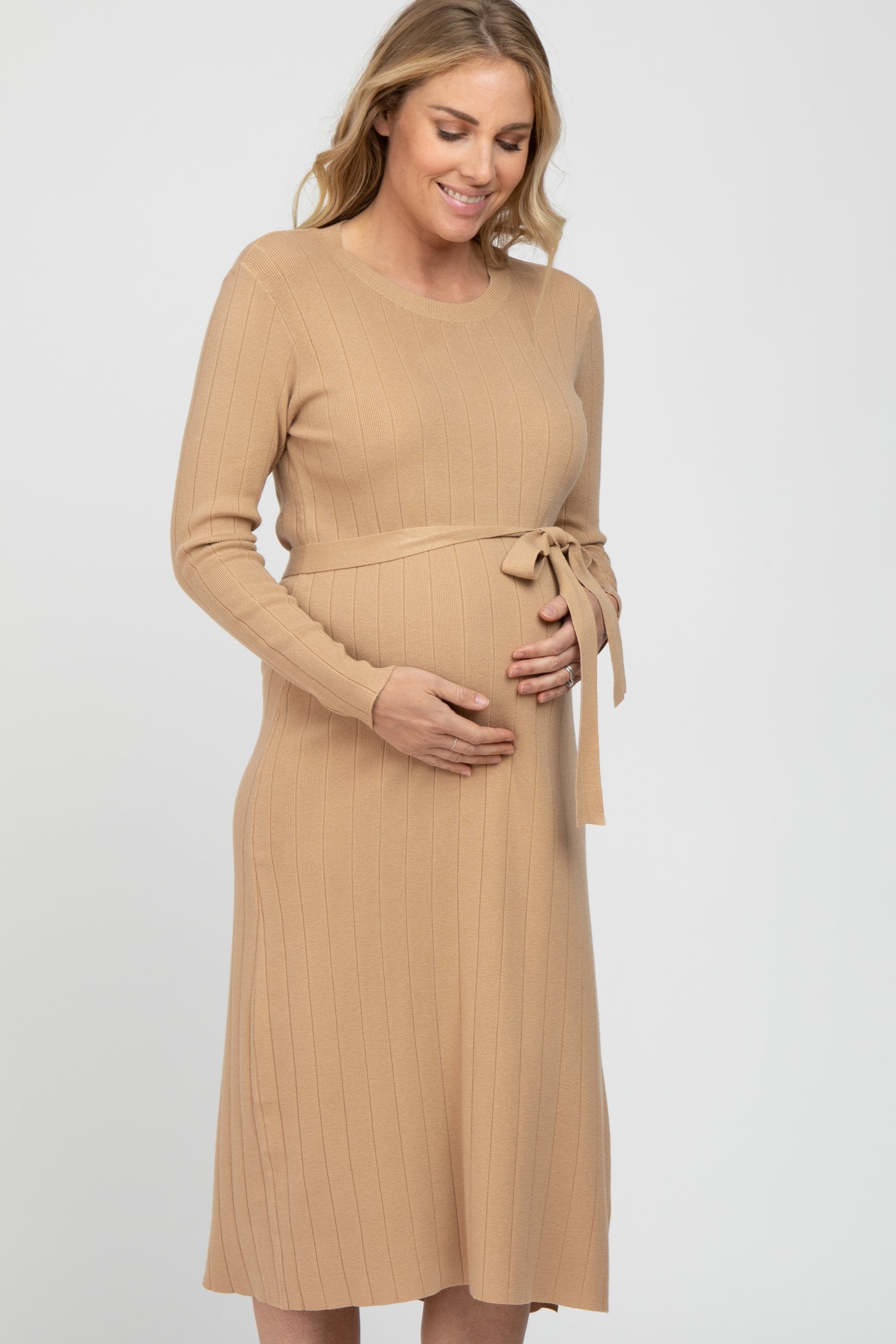 Taupe Ribbed Knit Waist Tie Side Slit Maternity Dress PinkBlush