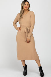 Taupe Ribbed Knit Waist Tie Side Slit Dress