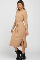 Taupe Ribbed Knit Waist Tie Side Slit Dress