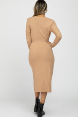 Taupe Ribbed Knit Waist Tie Side Slit Dress