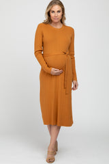 Camel Ribbed Knit Waist Tie Side Slit Maternity Dress