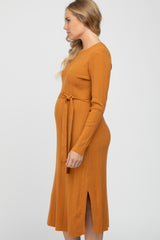 Camel Ribbed Knit Waist Tie Side Slit Maternity Dress