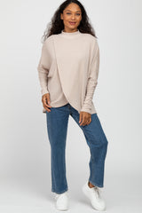 Beige Waffle Knit Mock Neck Layered Front Top