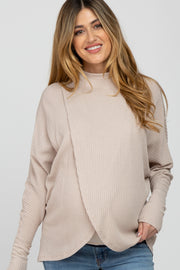 Beige Waffle Knit Mock Neck Layered Front Maternity Top