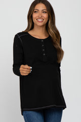 Black Waffle Knit Raw Seam Maternity Top