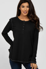 Black Waffle Knit Raw Seam Maternity Top