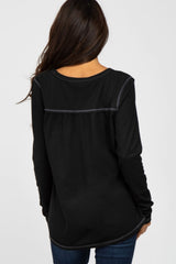 Black Waffle Knit Raw Seam Top