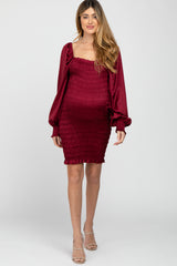 Burgundy Satin Smocked Square Neck Maternity Dress