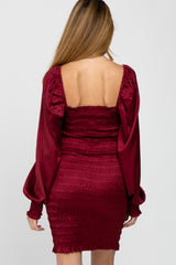 Burgundy Satin Smocked Square Neck Maternity Dress