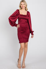 Burgundy Satin Smocked Square Neck Maternity Dress