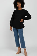 Black Textured Knit Bubble Sleeve Top