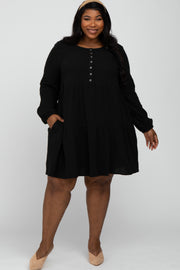 Black Gauze Button Front Tiered Plus Dress