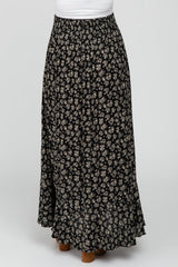 Black Floral Smocked Drawstring Waist Slit Maternity Maxi Skirt