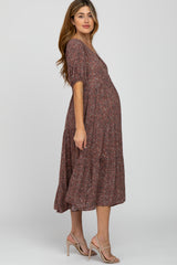 Light Burgundy Floral Print Button Front Maternity Midi Dress