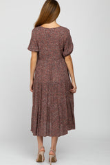 Light Burgundy Floral Print Button Front Maternity Midi Dress