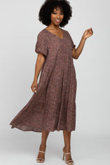 Light Burgundy Floral Print Button Front Maternity Midi Dress