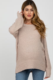 Beige Textured Knit Exposed Seam Maternity Sweater