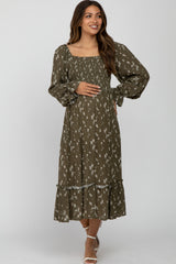 Olive Floral Smocked Long Sleeve Maternity Midi Dress