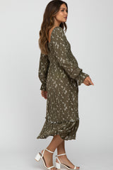 Olive Floral Smocked Long Sleeve Maternity Midi Dress