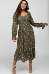 Olive Floral Smocked Long Sleeve Maternity Midi Dress