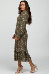 Olive Floral Smocked Long Sleeve Midi Dress