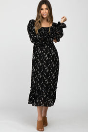 Black Floral Smocked Long Sleeve Maternity Midi Dress