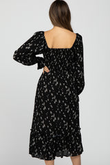 Black Floral Smocked Long Sleeve Maternity Midi Dress