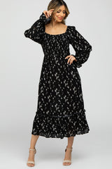 Black Floral Smocked Long Sleeve Midi Dress