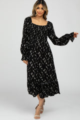 Black Floral Smocked Long Sleeve Midi Dress