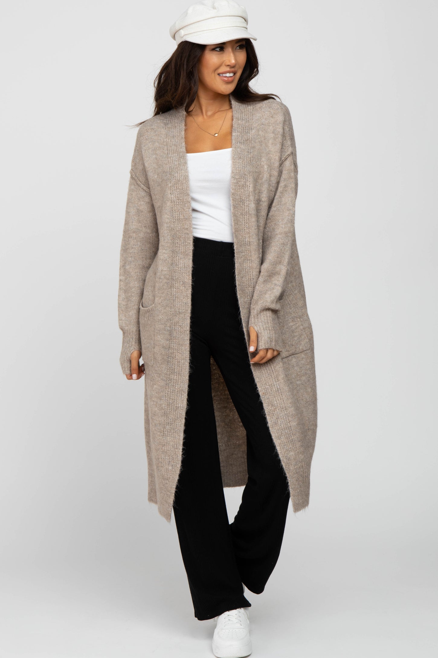FINE RIBBED KNIT CARDIGAN - Taupe gray