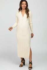 Beige Ribbed Knit Side Slit Maternity Maxi Dress