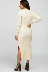 Beige Ribbed Knit Side Slit Maternity Maxi Dress