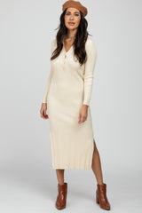 Beige Ribbed Knit Side Slit Maternity Maxi Dress