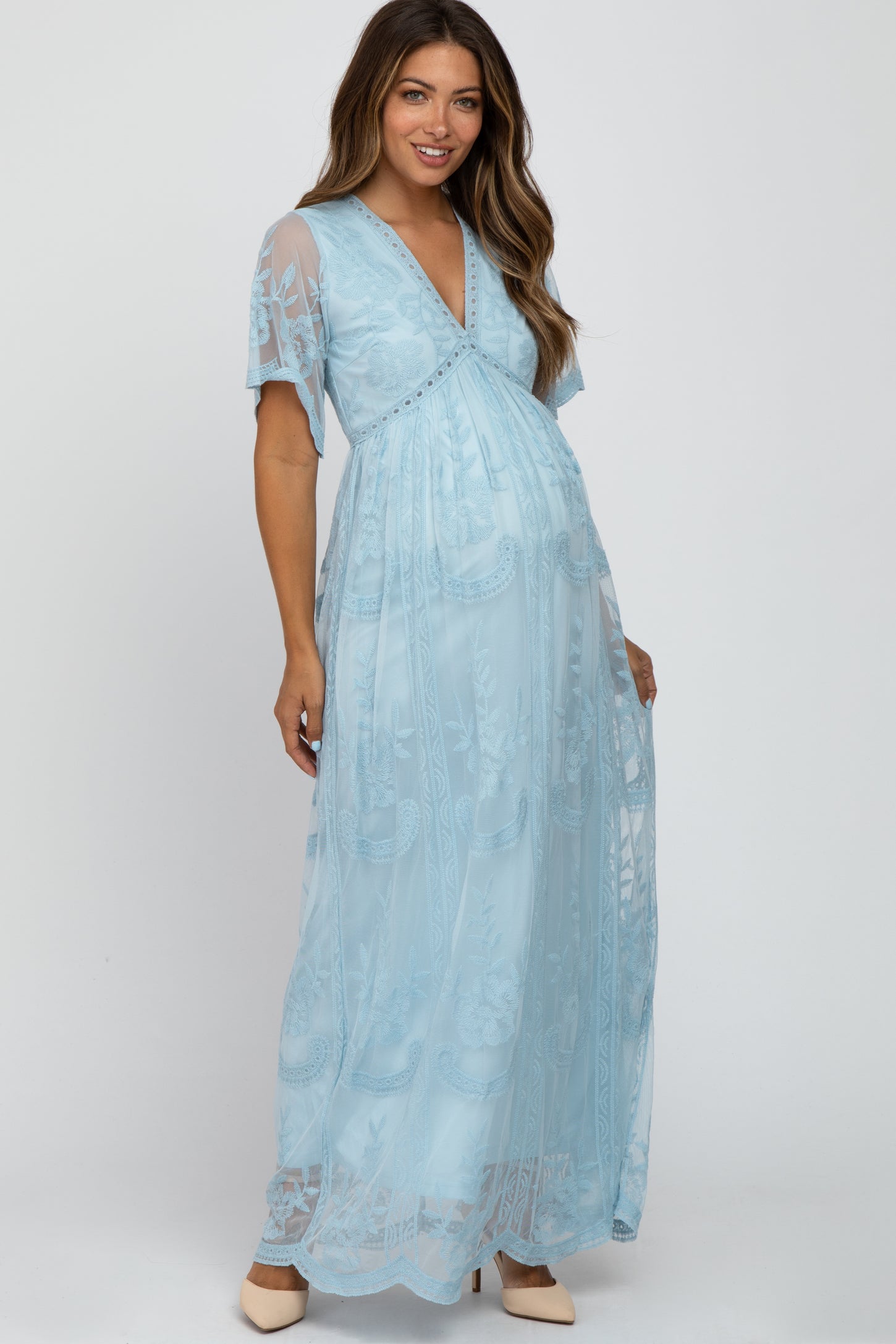 Light Blue Lace Mesh Overlay Maternity Maxi Dress– PinkBlush