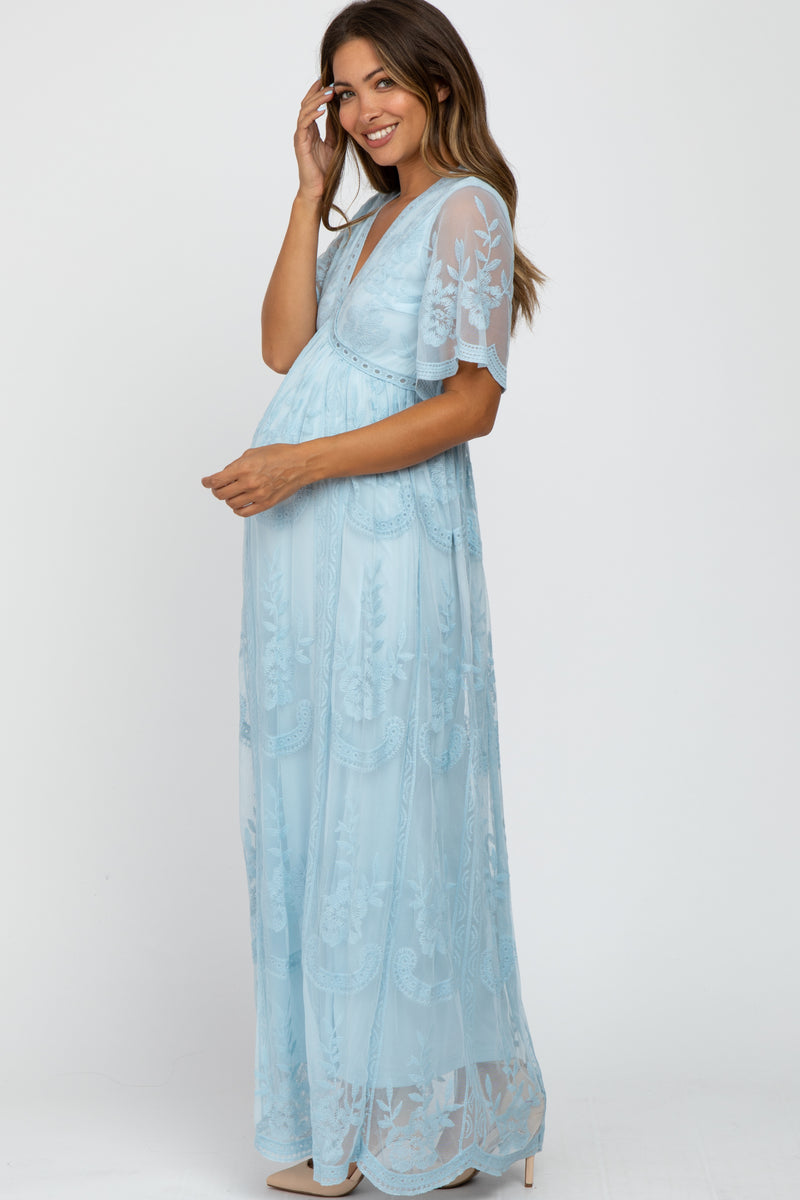 Light Blue Lace Mesh Overlay Maternity Maxi Dress – PinkBlush