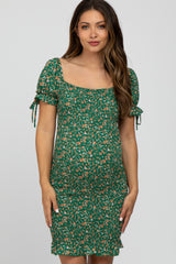 Green Floral Smocked Fitted Maternity Mini Dress