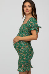 Green Floral Smocked Fitted Maternity Mini Dress