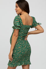 Green Floral Smocked Fitted Maternity Mini Dress