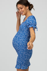 Royal Blue Floral Smocked Fitted Maternity Mini Dress