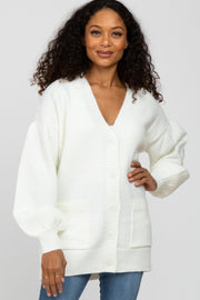 Ivory Puff Sleeve Front Pocket Cardigan