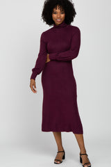 Burgundy Brushed Rib Knit Turtle Neck Midi Dress