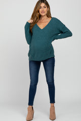 Teal V-Neck Maternity Sweater