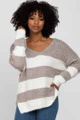 Mocha Striped V-Neck Eyelash Maternity Sweater